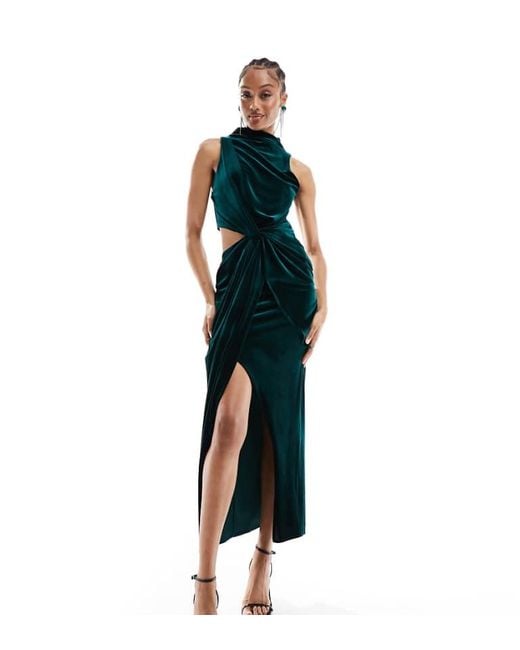 ASOS Blue Design Velvet High Neck Drape Minimal Cut Out Midi Dress