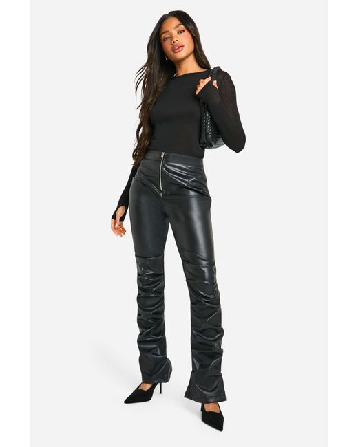 Boohoo Black Ruched Pu Zip Front Slim Fit Contour Trouser
