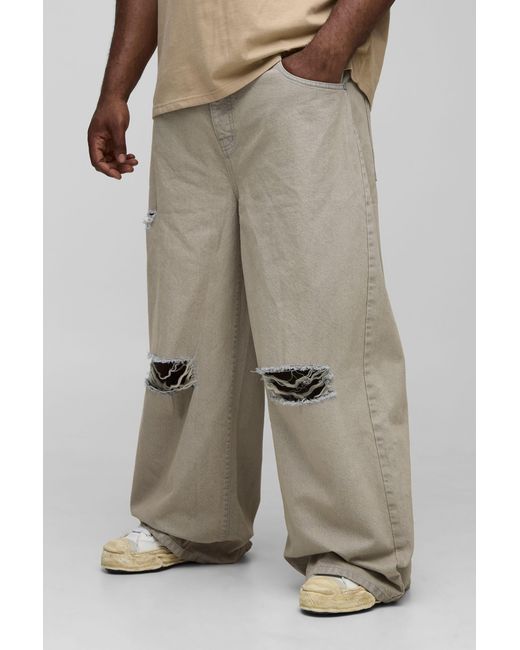 BoohooMAN Natural Plus Baggy Rigid Distressed Jeans for men