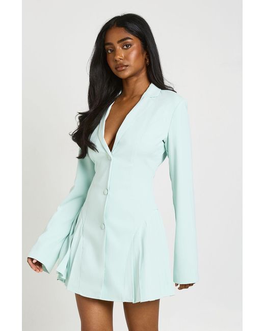 Boohoo Blue Tailored Structured Cinched Waist Pleated Blazer Dress