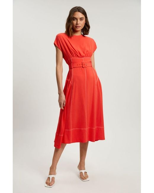 Karen Millen Red Contrast Topstitch Belted Midi Dress