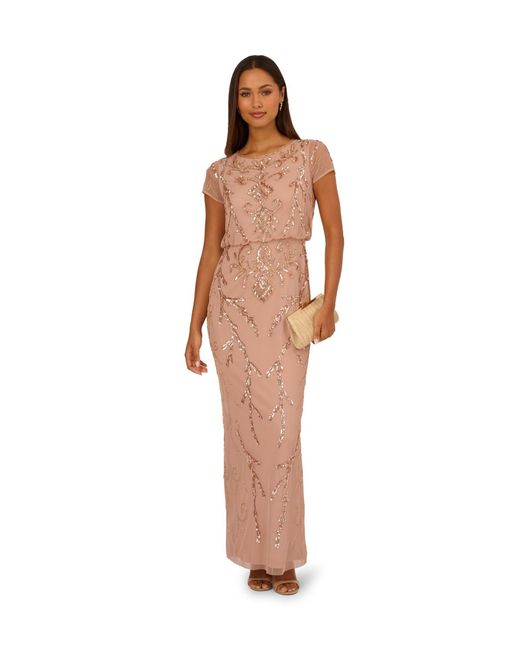 Adrianna Papell Pink Studio Bead Blouson Long Dress