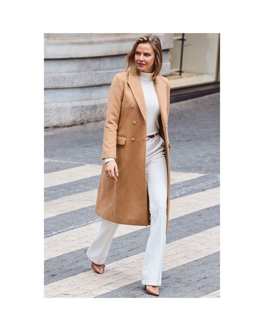 Sosandar Brown Camel Double Breasted Longline Coat With Button Detail