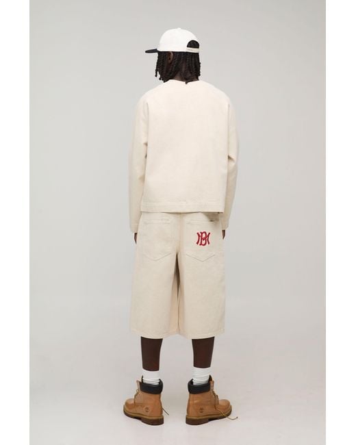BoohooMAN Brown Varsity Embroidered Longline Denim Jorts for men