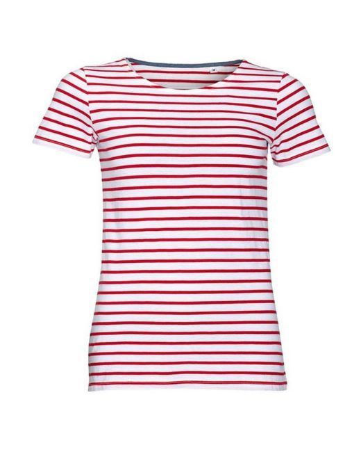 Sol's Red Ladies Miles Striped Short Sleeve T-Shirt Cotton