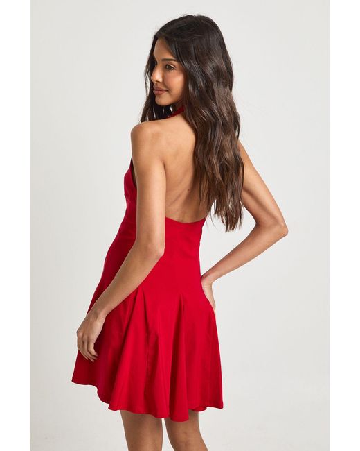 Boohoo Red Bengaline Halterneck Pleated Skater Dress