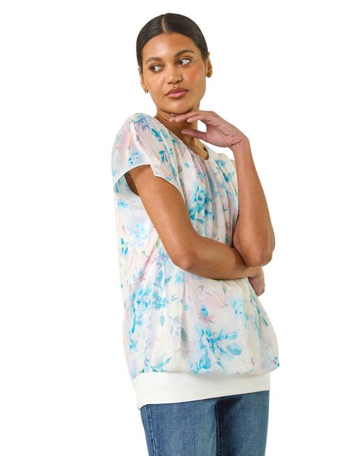 Roman Blue Floral Print Bubble Hem Top