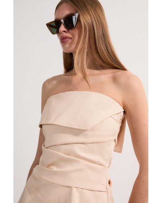 Karen Millen Natural Premium Linen Structured Pleated Tailored Bandeau Top
