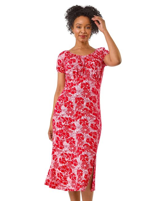 Roman Red Petite Ditsy Floral Stretch Midi Dress