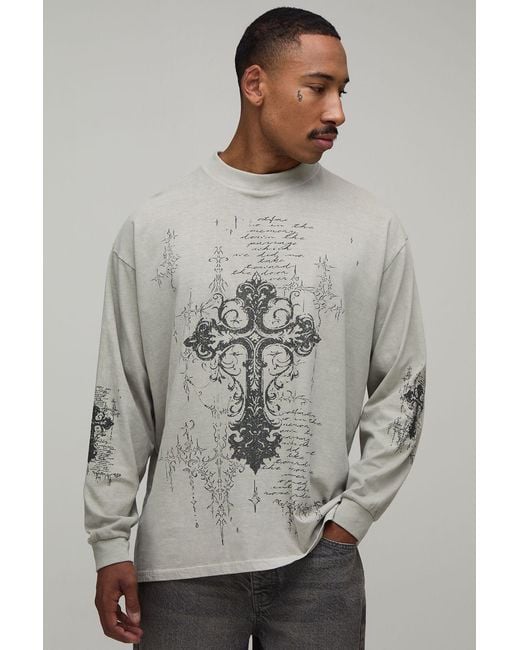BoohooMAN Gray Washed Stone Oversized Gothic Cross Print Long Sleeve T-Shirt for men
