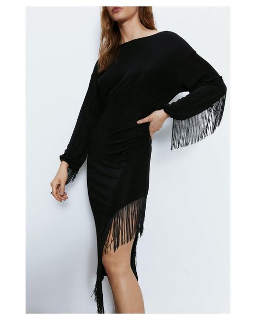 Warehouse Black Fringed Long Sleeve Midi Dress