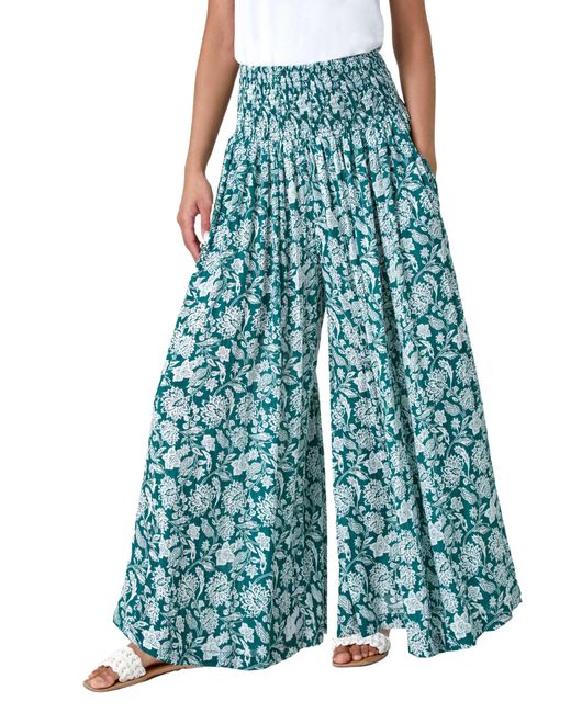 Roman Blue Floral Leaf Shirred Palazzo Stretch Trouser