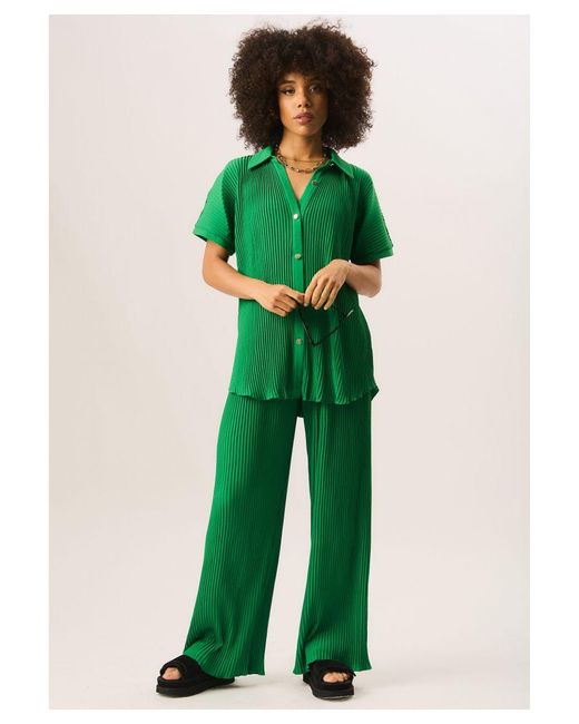Gini London Plisse Loungewear Broek Met Wijde Pijpen in het Green