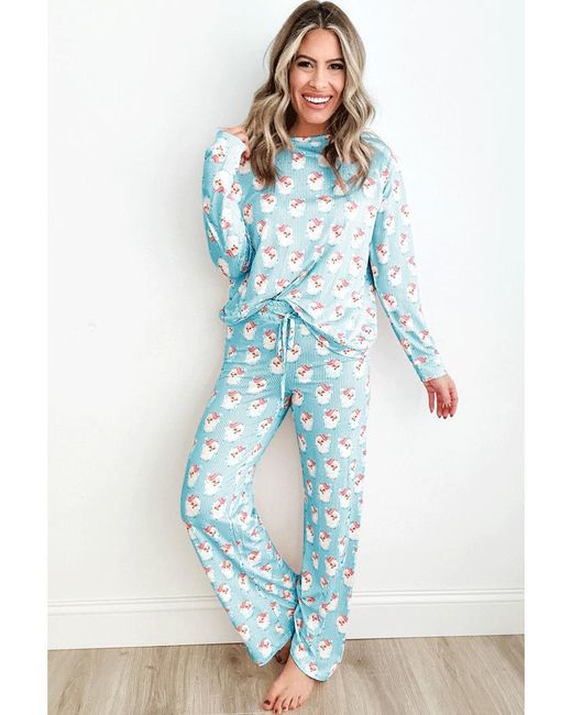 Azura Exchange Luchtblauw Santa Claus Gestreepte Print Loose Fit Twee Delig Lounge Set in het Blue