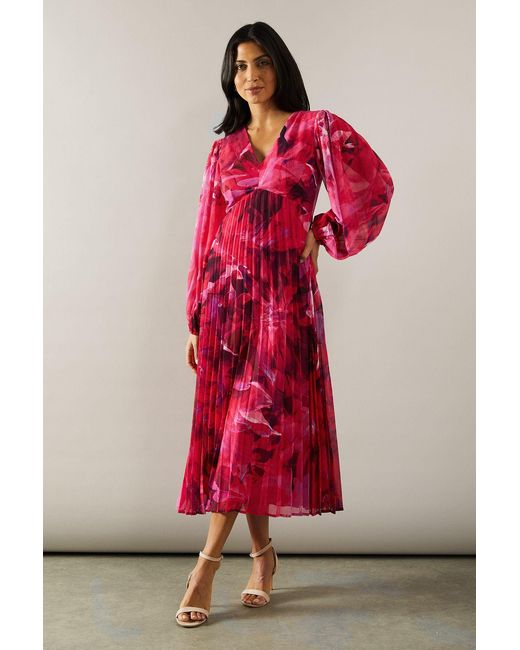 Wallis Red Printed Blouson Sleeve Pleated Skirt Midaxi Dress
