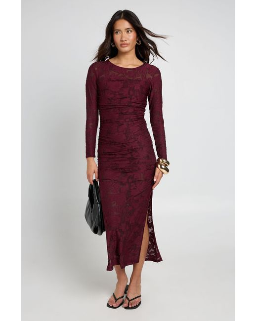 Boohoo Red Burnout Floral Long Sleeve Ruched Body Midaxi Dress