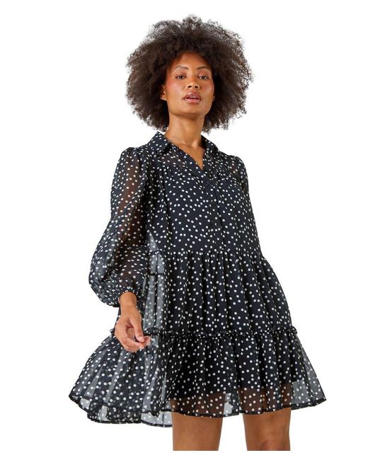 D.u.s.k Black Polka Dot Print Tiered Shirt Dress