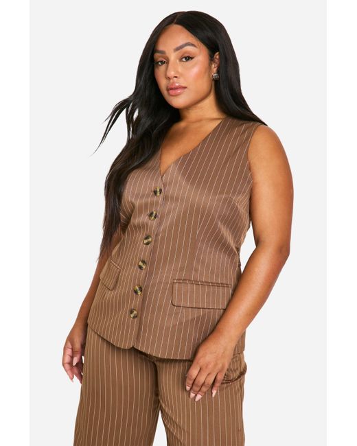Boohoo Brown Plus Longline Pinstripe Waistcoat