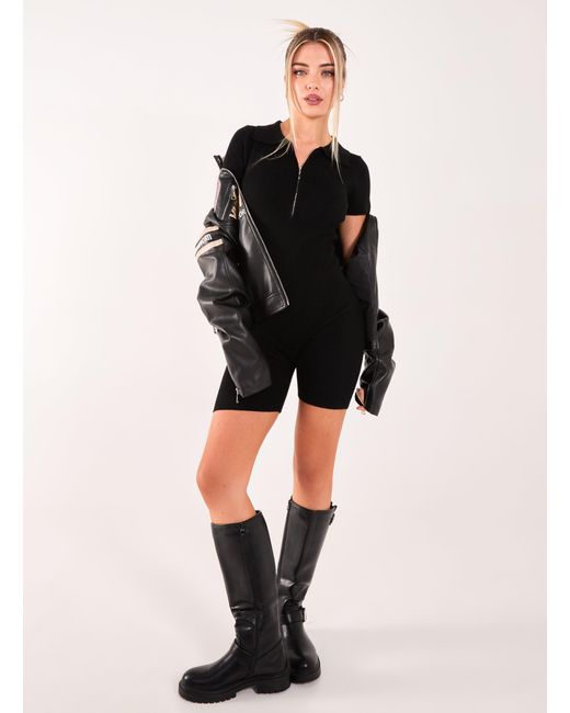 Pink Vanilla Black Ribbed Collar Zip Up Unitard