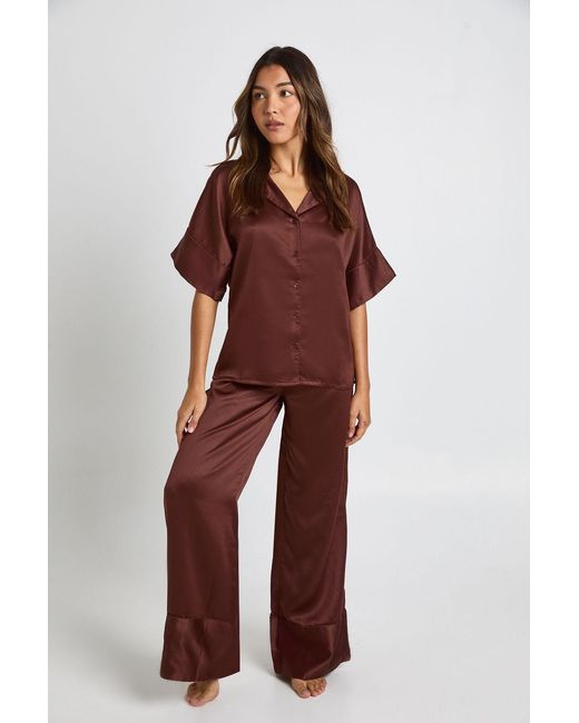 Boohoo Red Oversized Satin Short Sleeve Shirt & Wide Leg Trouser Pyjama Set