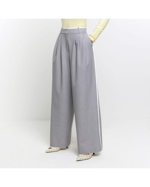 River Island Gray Wide Leg Trousers Side Stripe