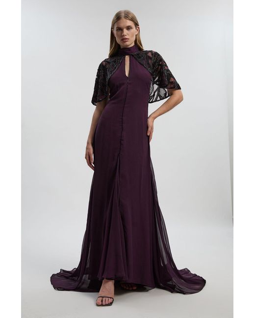 Karen Millen Purple Crystal Embellished Cutwork Cape Detail Woven Maxi Dress