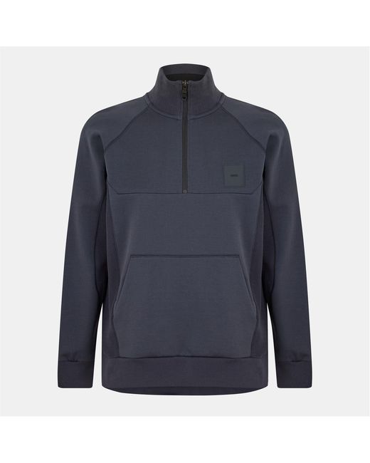 Boss Blue Kangaroo Pocket Rubber Badge Zip Neck Sweatshirt for men