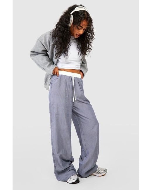 Boohoo Blue Contrast Waistband Striped Wide Leg Pants