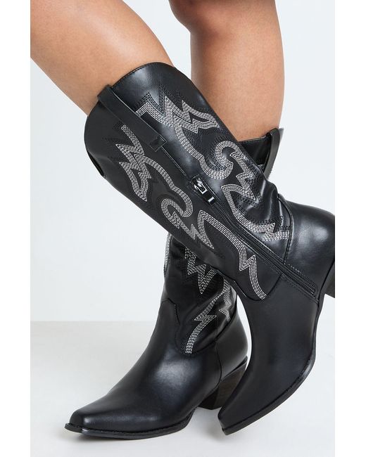 Boohoo Black Contrast Stitch Detail Knee High Western Boots