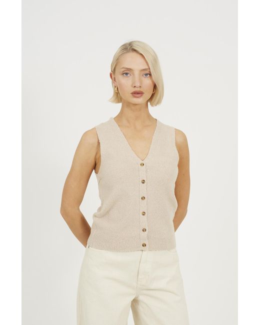 Brave Soul Natural Mossy Yarn V-Neck Knitted Waistcoat