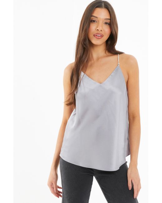 Quiz Gray Satin Diamante Strap Top