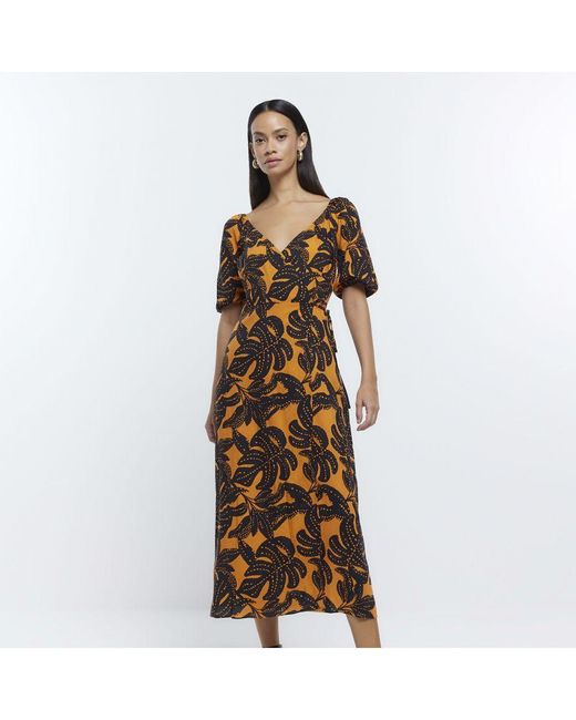 River Island Orange Wrap Midi Dress Leaf Print Viscose