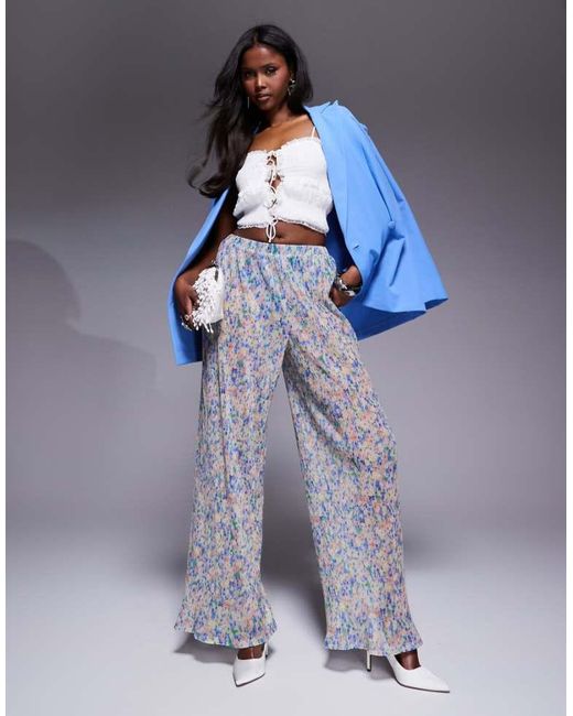 ASOS Blue Co-Ord Wide Leg Plisse Mesh Floral Trouser