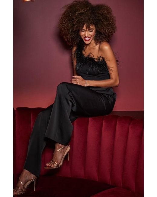 Sosandar Black One Shoulder Feather Trim Top