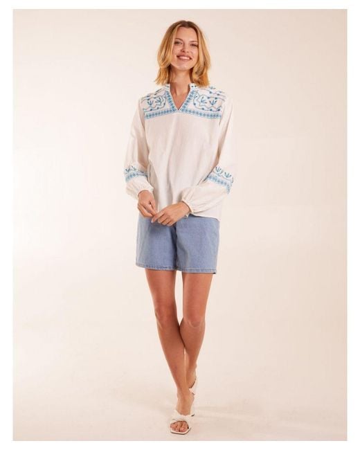 Blue Vanilla White Full Sleeve Embroidered Blouse
