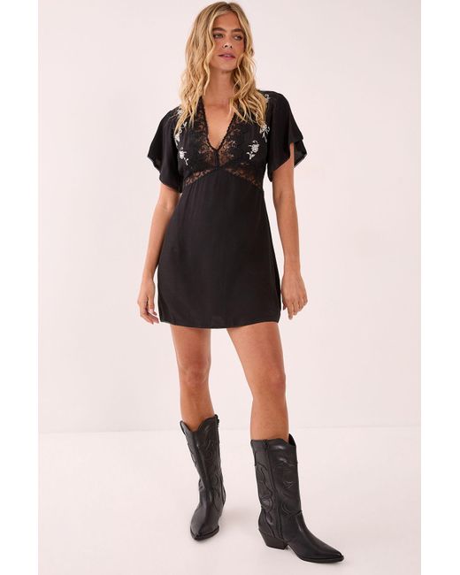 Nasty Gal Black Floral Embroidered Lace Cutwork Plunge Mini Dress