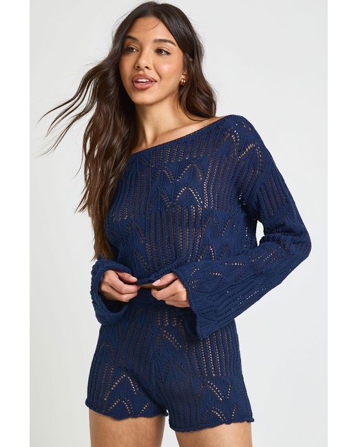 Boohoo Blue Patterned Beach Crochet Short