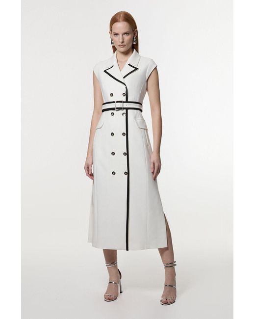 Karen Millen White Compact Stretch Double Breasted Belted Tipped Tailored Midi Dress