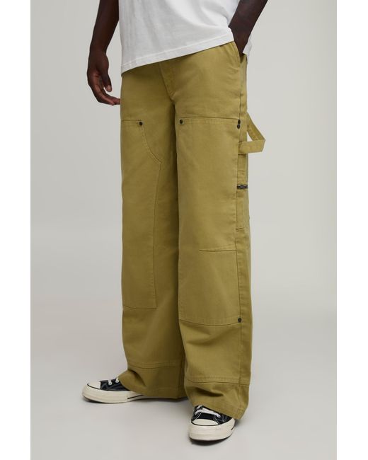 BoohooMAN Green Baggy Fit Twill Multi Pocket Carpenter Trousers for men