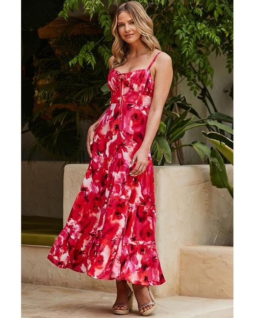 Sosandar Red Floral Print Corset Detail Maxi Dress