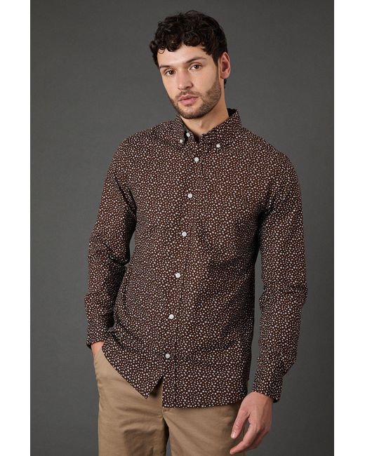 MAINE Brown Smudge Floral Print Long Sleeve Shirt Cotton for men