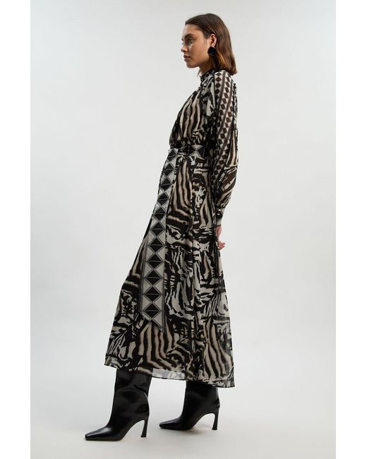 Karen Millen Multicolor Print Viscose Georgette Woven Belted Maxi Dress