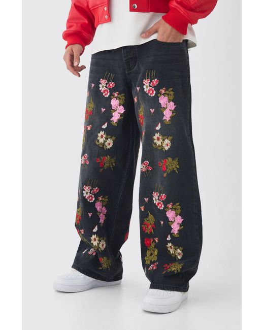 BoohooMAN Blue Baggy Fit Rigid Floral Embroidered Jeans for men