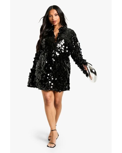 Boohoo Plus Sequin Plunge Collar Detail Mini Dress in Black | Lyst UK Boohoo Plus Sequin Plunge Collar Detail Mini Dress in Black | Lyst UK