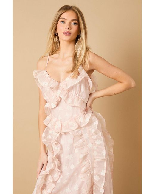 Oasis Natural Ruffle Front V Neck Strappy Midi Dress