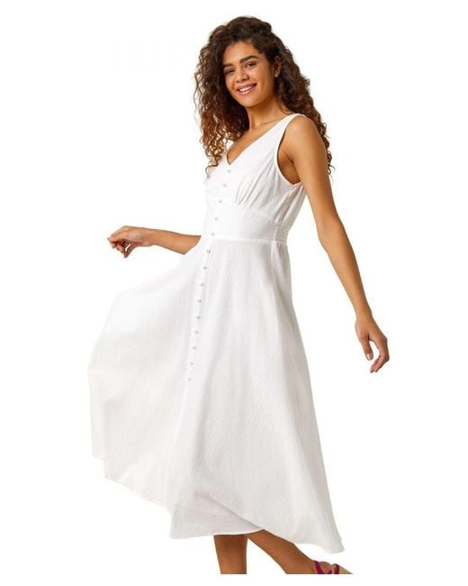 Roman White Sleeveless Button Detail Cotton Midi Dress
