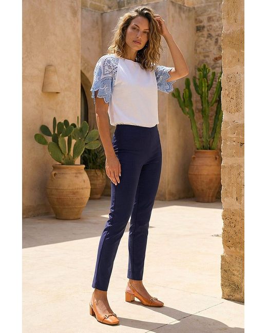 Roman Blue Full Length Elastic Waist Stretch Trousers