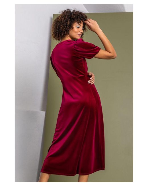 D.u.s.k Velvet Button Detail Fit \u0026 Flare Dress in Red | Lyst UK