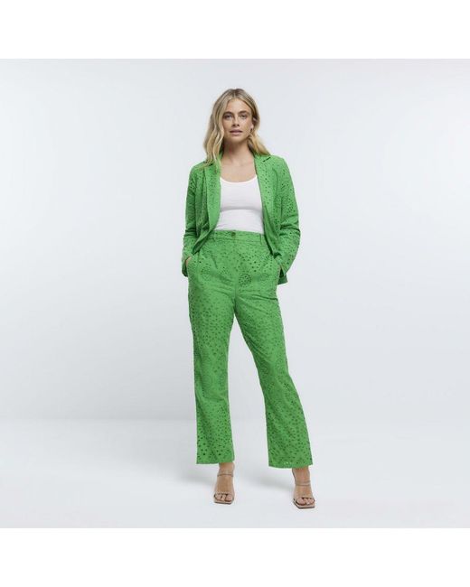River Island Trousers Green Wide Leg Broderie Cotton