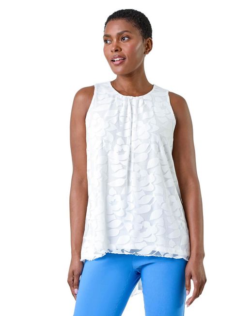 Roman White Sleeveless Textured Floral Print Top